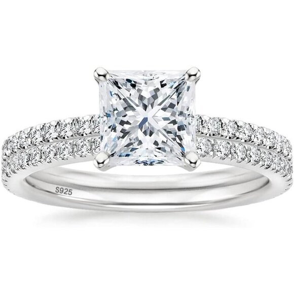 Women\'s Silver Bridal Ring Sets Princess Cut CZ Engagement Rings